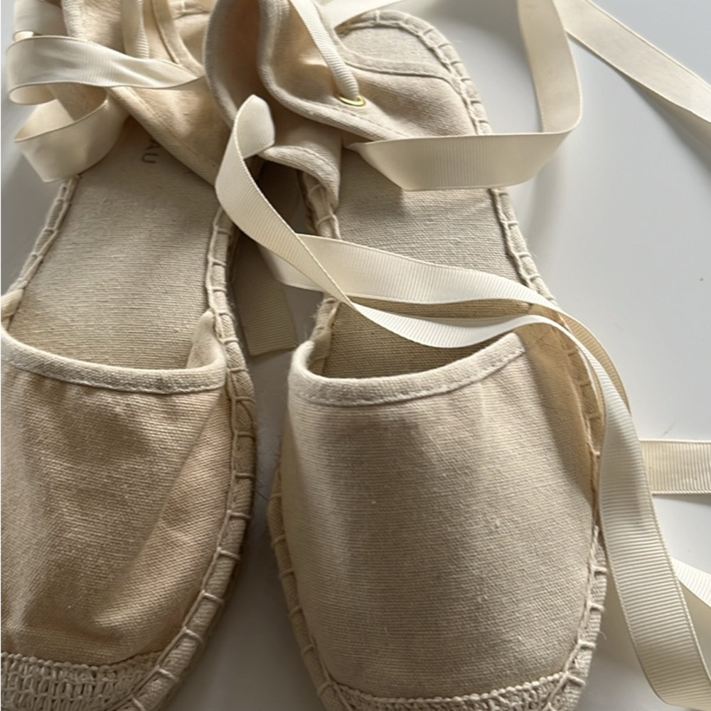 Cream Espadrille Flats with Ribbon Ties
